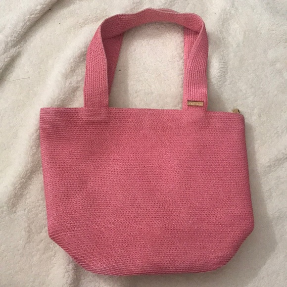 ERIC JAVITS pink squishee woven straw tote purse handbag green lining gold hrdwr - Picture 5 of 5
